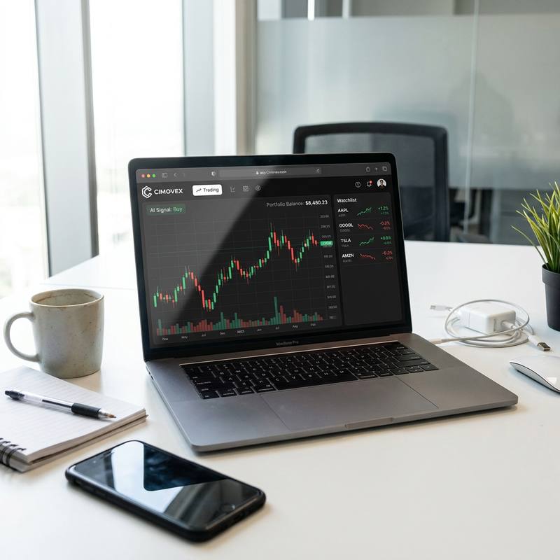 Laptop con el panel de Cimovex abierto: gráfico de velas, señal de IA de compra, saldo del portafolio y lista de seguimiento, sobre un escritorio de oficina