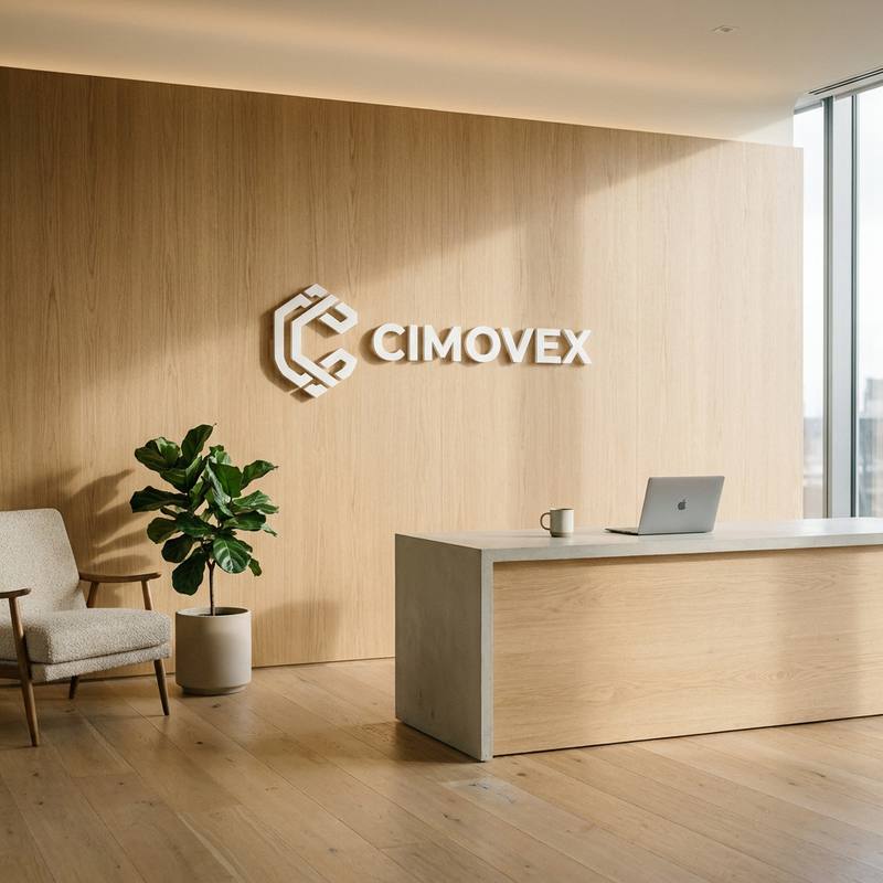 Recepción de las oficinas de Cimovex con el logotipo blanco sobre una pared de madera clara, un sillón, una planta y un mostrador con laptop bajo luz natural