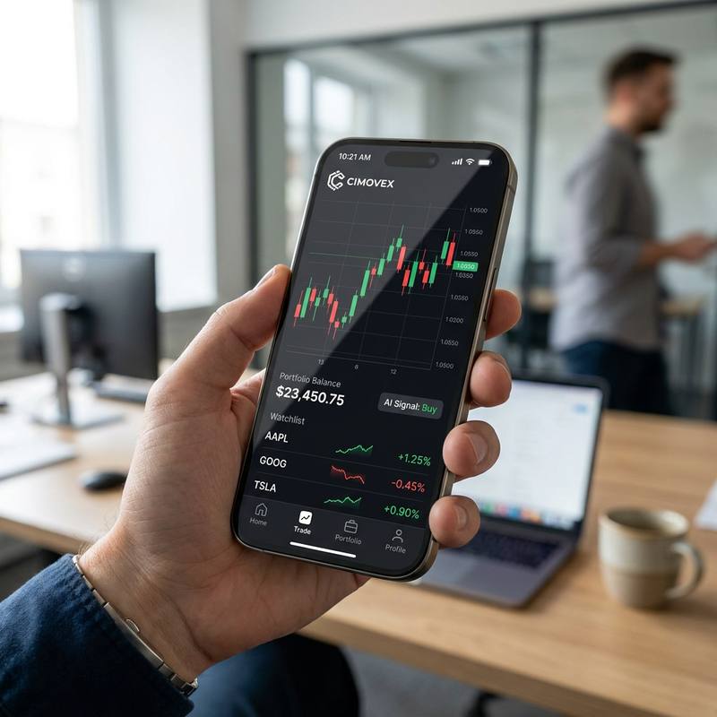 Mano sosteniendo un teléfono con la app de Cimovex: gráfico de velas, saldo del portafolio, señal de IA de compra y lista de seguimiento, con una oficina de fondo