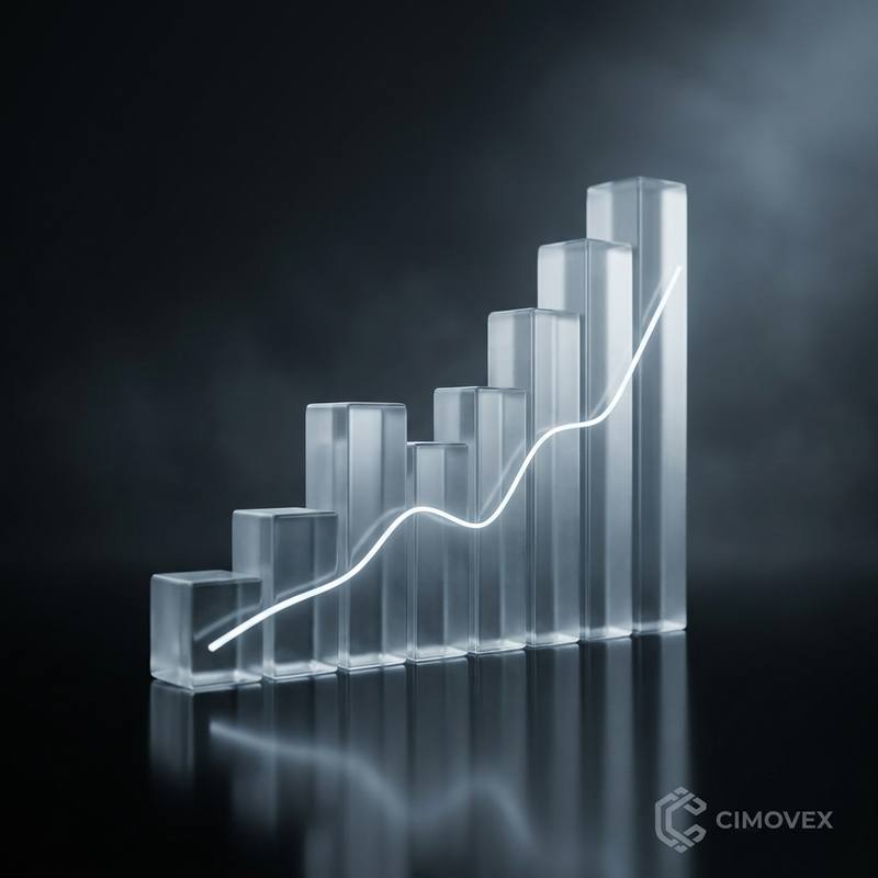 Columnas de vidrio esmerilado de altura creciente atravesadas por una línea luminosa ascendente sobre fondo oscuro, con el logotipo de Cimovex